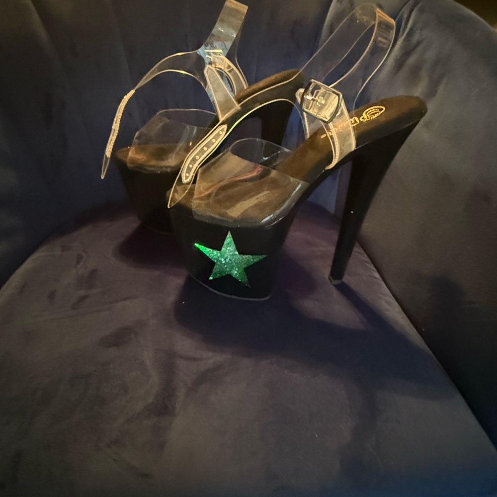 Women's Clear Strap Platform Heels with Green Star